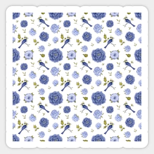 Blue peonies, blue birds and peach backdrop Sticker